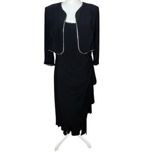 Alex Evenings rhinestone trim black 2 piece sleeveless dress & bolero jacket 14